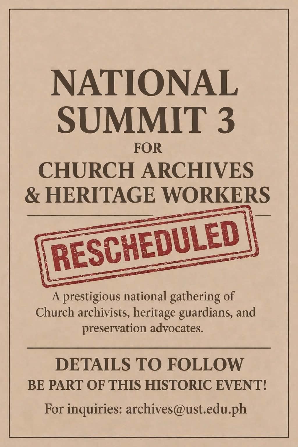 Rescheduling of National Summit III of Church Archives and Heritage Workers